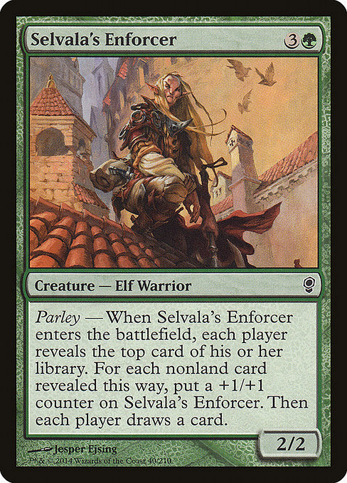 Selvala's Enforcer
Creature — Elf Warrior
Parley — When this creature enters, each player reveals the top card of their library. For each nonland card revealed this way, put a +1/+1 counter on this creature. Then each player draws a card.
2/2