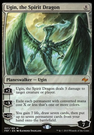 '-Ugin, the Spirit Dragon
Legendary Planeswalker â€” Ugin
+2
Ugin deals 3 damage to any target.
-X
Exile each permanent with mana value X or less that's one or more colors.
-10: You gain 7 life, draw seven cards, then put up to seven permanent cards from your hand onto the battlefield.
Loyalty : 7
