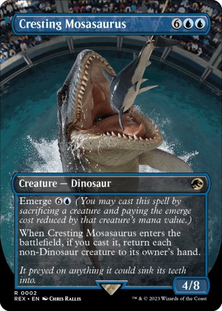 '-Cresting Mosasaurus
Creature â€” Dinosaur
Emerge %6%U
When this creature enters, if you cast it, return each non-Dinosaur creature to its owner's hand.
4/8