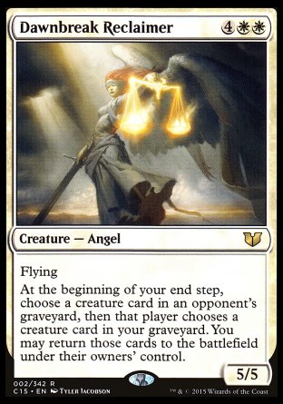 Dawnbreak Reclaimer
Creature — Angel
Flying
At the beginning of your end step, choose a creature card in an opponent's graveyard, then that player chooses a creature card in your graveyard. You may return those cards to the battlefield under their owners' control.
5/5