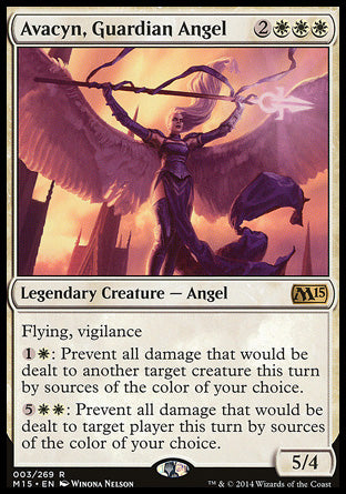 Avacyn, Guardian Angel
Legendary Creature — Angel
Flying, vigilance
%1%W: Prevent all damage that would be dealt to another target creature this turn by sources of the color of your choice.
%5%W%W: Prevent all damage that would be dealt to target player or planeswalker this turn by sources of the color of your choice.
5/4