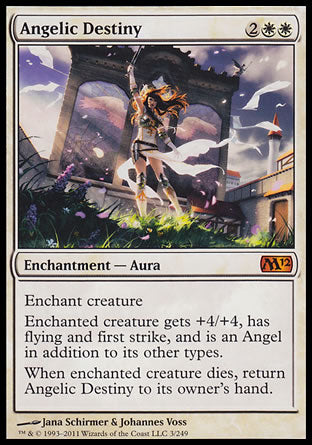 '-Angelic Destiny
Enchantment â€” Aura
Enchant creature
Enchanted creature gets +4/+4, has flying and first strike, and is an Angel in addition to its other types.
When enchanted creature dies, return this card to its owner's hand.