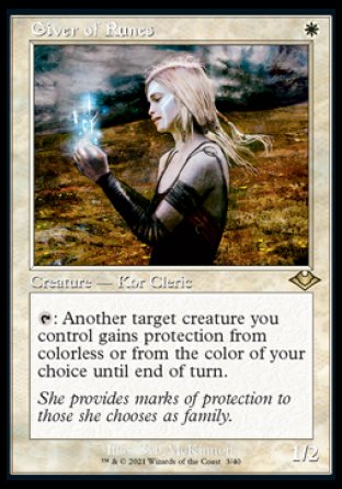 '-Giver of Runes
Creature â€” Kor Cleric
%T: Another target creature you control gains protection from colorless or from the color of your choice until end of turn.
1/2