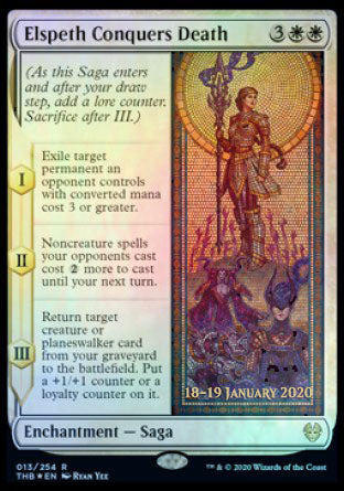 '-Elspeth Conquers Death
Enchantment â€” Saga
(As this Saga enters and after your draw step, add a lore counter. Sacrifice after III.)
*S1 Exile target permanent an opponent controls with mana value 3 or greater.
*S2 Noncreature spells your opponents cast cost %2 more to cast until your next turn.
*S3 Return target creature or planeswalker card from your graveyard to the battlefield. Put a +1/+1 counter or a loyalty counter on it.
