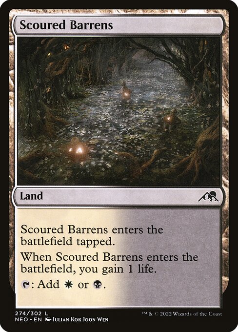 Scoured Barrens
Land
This land enters tapped.
When this land enters, you gain 1 life.
{T}: Add {W} or {B}.