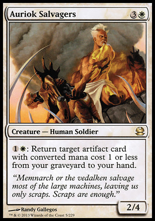 Auriok Salvagers
Creature — Human Soldier
%1%W: Return target artifact card with mana value 1 or less from your graveyard to your hand.
2/4