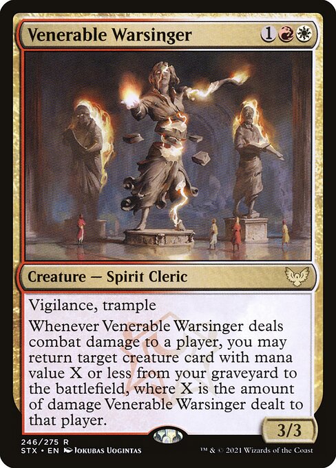 Venerable Warsinger
Creature — Spirit Cleric
Vigilance, trample
Whenever this creature deals combat damage to a player, you may return target creature card with mana value X or less from your graveyard to the battlefield, where X is the amount of damage this creature dealt to that player.
3/3