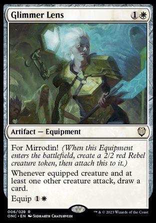 '-Glimmer Lens
Artifact â€” Equipment
For Mirrodin!
Whenever equipped creature and at least one other creature attack, draw a card.
Equip %1%W