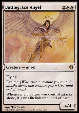 '-Battlegrace Angel
Creature â€” Angel
Flying
Exalted
Whenever a creature you control attacks alone, it gains lifelink until end of turn.
4/4