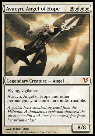 '-Avacyn, Angel of Hope
Legendary Creature â€” Angel
Flying, vigilance, indestructible
Other permanents you control have indestructible.
8/8