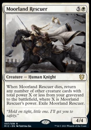 Moorland Rescuer
Creature — Human Knight
When this creature dies, return any number of other creature cards with total power X or less from your graveyard to the battlefield, where X is this creature's power. Exile this creature.
4/4