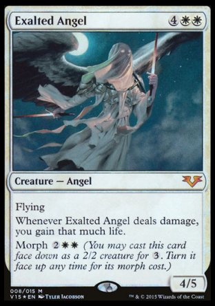 '-Exalted Angel
Creature â€” Angel
Flying
Whenever this creature deals damage, you gain that much life.
Morph %2%W%W
4/5