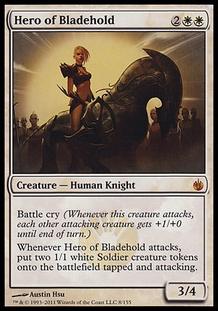 '-Hero of Bladehold
Creature â€” Human Knight
Battle cry
Whenever this creature attacks, create two 1/1 white Soldier creature tokens that are tapped and attacking.
3/4