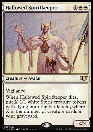 '-Hallowed Spiritkeeper
Creature â€” Avatar
Vigilance
When this creature dies, create X 1/1 white Spirit creature tokens with flying, where X is the number of creature cards in your graveyard.
3/2