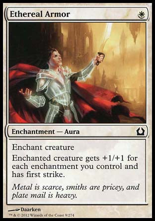 Ethereal Armor
Enchantment — Aura
Enchant creature
Enchanted creature gets +1/+1 for each enchantment you control and has first strike.