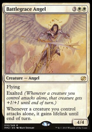 Battlegrace Angel
Creature — Angel
Flying
Exalted
Whenever a creature you control attacks alone, it gains lifelink until end of turn.
4/4