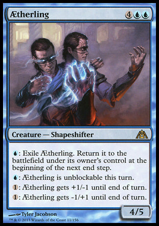 Aetherling
Creature — Shapeshifter
%U: Exile this creature. Return it to the battlefield under its owner's control at the beginning of the next end step.
%U: This creature can't be blocked this turn.
%1: This creature gets +1/-1 until end of turn.
%1: This creature gets -1/+1 until end of turn.
4/5