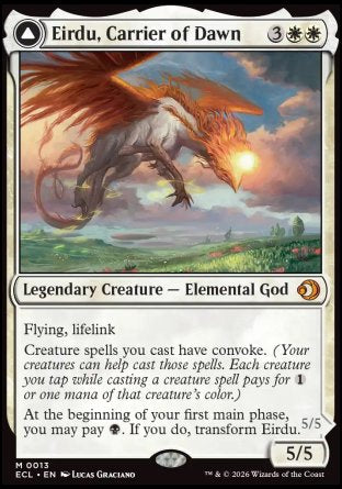 Eirdu, Carrier of Dawn
Legendary Creature â€” Elemental God
Flying, lifelink
Creature spells you cast have convoke.
At the beginning of your first main phase, you may pay %B. If you do, transform Eirdu.
5/5
Isilu, Carrier of Twilight
 Legendary Creature â€” Elemental God
Flying, lifelink
Each other nontoken creature you control has persist.
At the beginning of your first main phase, you may pay %W. If you do, transform Isilu.
5/5