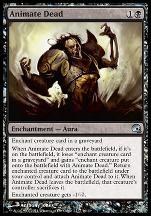 '-Animate Dead
Enchantment â€” Aura
Enchant creature card in a graveyard
When this Aura enters, it loses "enchant creature card in a graveyard" and gains "enchant creature put onto the battlefield with this Aura." Return enchanted creature card to the battlefield under your control and attach this Aura to it. When this Aura leaves the battlefield, that creature's controller sacrifices it.
Enchanted creature gets -1/-0.