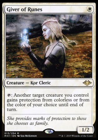 '-Giver of Runes
Creature â€” Kor Cleric
%T: Another target creature you control gains protection from colorless or from the color of your choice until end of turn.
1/2