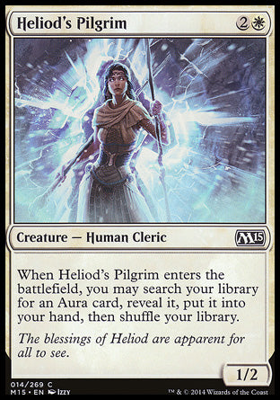 Heliod's Pilgrim
Creature — Human Cleric
When this creature enters, you may search your library for an Aura card, reveal it, put it into your hand, then shuffle.
1/2