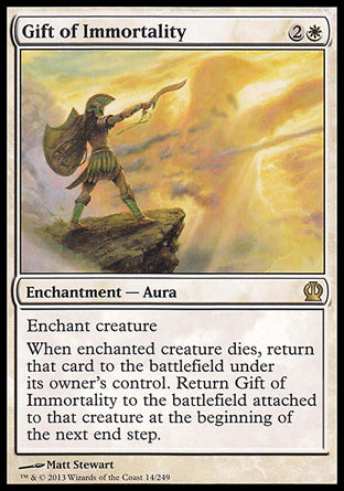 '-Gift of Immortality
Enchantment â€” Aura
Enchant creature
When enchanted creature dies, return that card to the battlefield under its owner's control. Return this card to the battlefield attached to that creature at the beginning of the next end step.