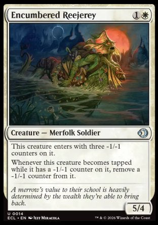 Encumbered Reejerey
Creature â€” Merfolk Soldier
This creature enters with three -1/-1 counters on it.
Whenever this creature becomes tapped while it has a -1/-1 counter on it, remove a -1/-1 counter from it.
5/4