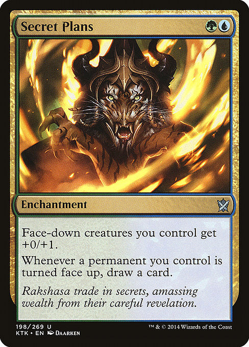 Secret Plans
Enchantment
Face-down creatures you control get +0/+1.
Whenever a permanent you control is turned face up, draw a card.