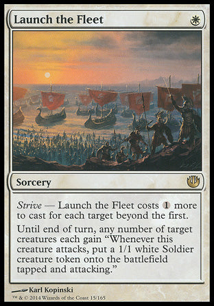 Launch the Fleet
Sorcery
Strive — This spell costs %1 more to cast for each target beyond the first.
Until end of turn, any number of target creatures each gain "Whenever this creature attacks, create a 1/1 white Soldier creature token that's tapped and attacking."