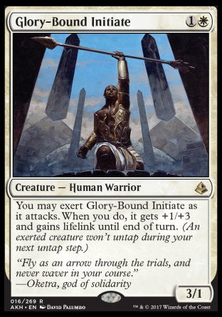 Glory-Bound Initiate
Creature — Human Warrior
You may exert this creature as it attacks. When you do, it gets +1/+3 and gains lifelink until end of turn.
3/1
