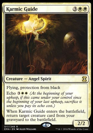 '-Karmic Guide
Creature â€” Angel Spirit
Flying, protection from black
Echo %3%W%W
When this creature enters, return target creature card from your graveyard to the battlefield.
2/2