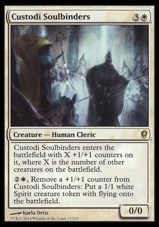 Custodi Soulbinders
Creature — Human Cleric
This creature enters with X +1/+1 counters on it, where X is the number of other creatures on the battlefield.
%2%W, Remove a +1/+1 counter from this creature: Create a 1/1 white Spirit creature token with flying.
0/0
