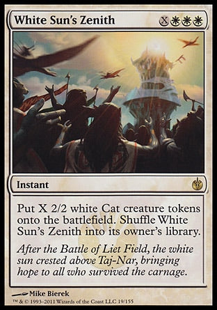 White Sun's Zenith
Instant
Create X 2/2 white Cat creature tokens. Shuffle White Sun's Zenith into its owner's library.