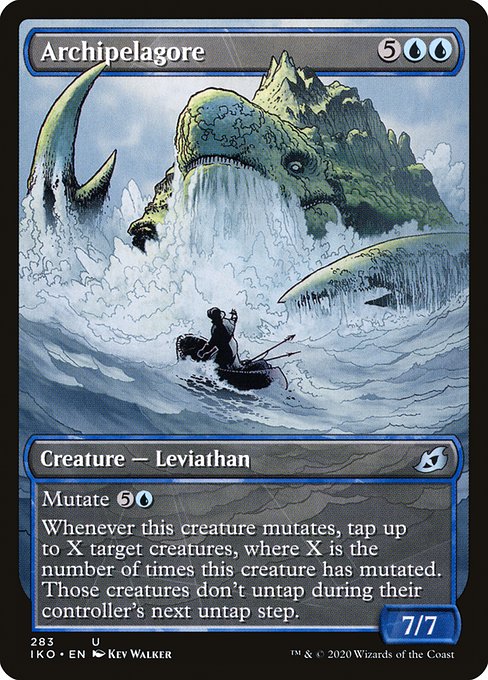Archipelagore
Creature — Leviathan
Mutate {5}{U} (If you cast this spell for its mutate cost, put it over or under target non-Human creature you own. They mutate into the creature on top plus all abilities from under it.)
Whenever this creature mutates, tap up to X target creatures, where X is the number of times this creature has mutated. Those creatures don't untap during their controller's next untap step.
7/7