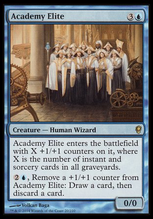 -Academy Elite
Creature — Human Wizard
This creature enters with X +1/+1 counters on it, where X is the number of instant and sorcery cards in all graveyards.
%2%U, Remove a +1/+1 counter from this creature: Draw a card, then discard a card.
0/0