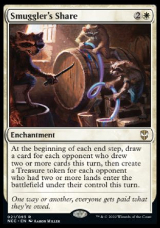 '-Smuggler's Share
Enchantment
At the beginning of each end step, draw a card for each opponent who drew two or more cards this turn, then create a Treasure token for each opponent who had two or more lands enter the battlefield under their control this turn.
