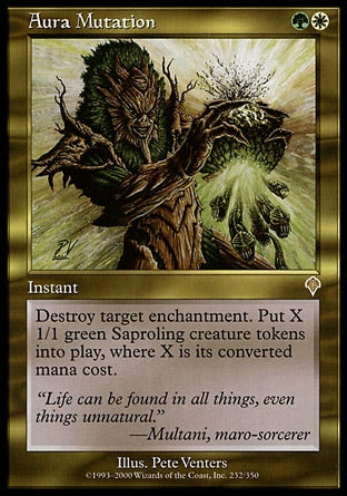 '-Aura Mutation
Instant
Destroy target enchantment. Create X 1/1 green Saproling creature tokens, where X is that enchantment's mana value.
