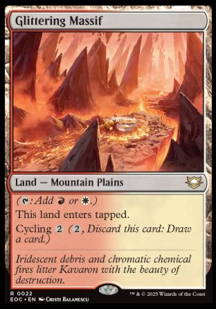 Glittering Massif
Land — Mountain Plains
 
This land enters tapped.
Cycling %2