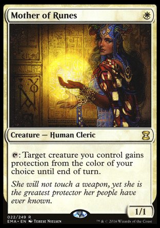 '-Mother of Runes
Creature â€” Human Cleric
%T: Target creature you control gains protection from the color of your choice until end of turn.
1/1