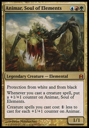 '-Animar, Soul of Elements
Legendary Creature â€” Elemental
Protection from white and from black
Whenever you cast a creature spell, put a +1/+1 counter on Animar.
Creature spells you cast cost %1 less to cast for each +1/+1 counter on Animar.
1/1