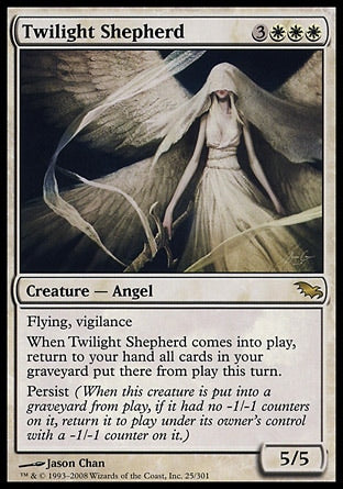 '-Twilight Shepherd
Creature â€” Angel
Flying, vigilance
When this creature enters, return to your hand all cards in your graveyard that were put there from the battlefield this turn.
Persist
5/5