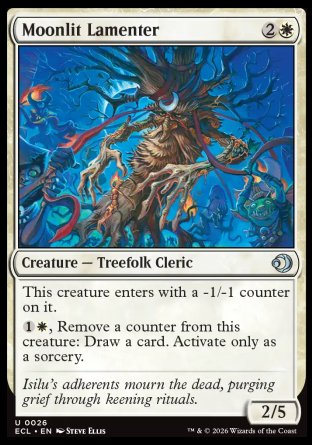 Moonlit Lamenter
Creature â€” Treefolk Cleric
This creature enters with a -1/-1 counter on it.
%1%W, Remove a counter from this creature: Draw a card. Activate only as a sorcery.
2/5