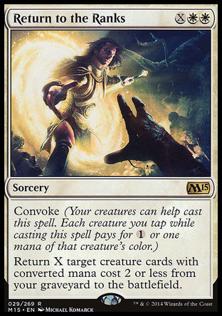 '-Return to the Ranks
Sorcery
Convoke
Return X target creature cards with mana value 2 or less from your graveyard to the battlefield.