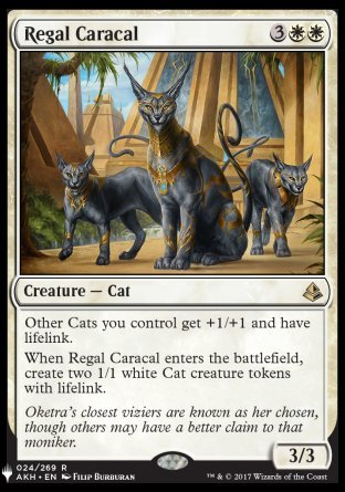 '-Regal Caracal
Creature â€” Cat
Other Cats you control get +1/+1 and have lifelink.
When this creature enters, create two 1/1 white Cat creature tokens with lifelink.
3/3