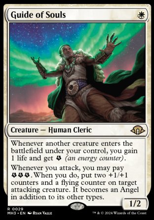 '-Guide of Souls
Creature â€” Human Cleric
Whenever another creature you control enters, you gain 1 life and get %E (an energy counter).
Whenever you attack, you may pay %E%E%E. When you do, put two +1/+1 counters and a flying counter on target attacking creature. It becomes an Angel in addition to its other types.
1/2