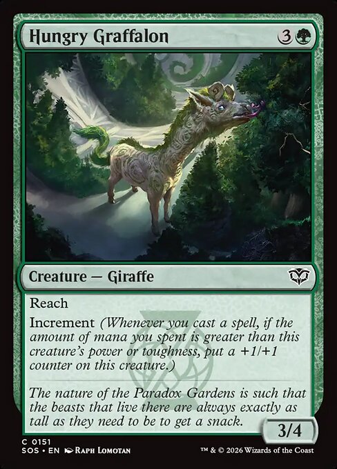 Hungry Graffalon
Creature — Giraffe
Reach
Increment (Whenever you cast a spell, if the amount of mana you spent is greater than this creature's power or toughness, put a +1/+1 counter on this creature.)
3/4