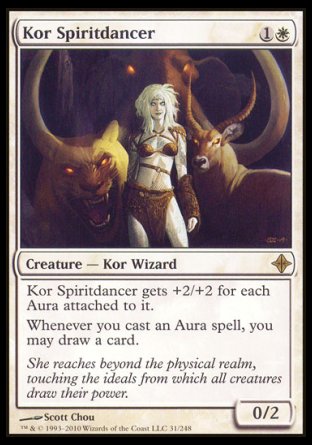 '-Kor Spiritdancer
Creature â€” Kor Wizard
This creature gets +2/+2 for each Aura attached to it.
Whenever you cast an Aura spell, you may draw a card.
0/2
