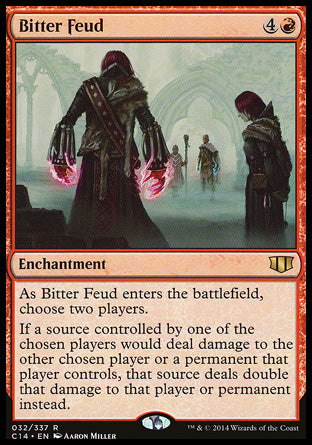 Bitter Feud
Enchantment
As this enchantment enters, choose two players.
If a source controlled by one of the chosen players would deal damage to the other chosen player or a permanent that player controls, that source deals double that damage to that player or permanent instead.