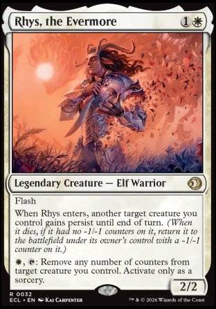 Rhys, the Evermore
Legendary Creature — Elf Warrior
Flash
When Rhys enters, another target creature you control gains persist until end of turn.
%W, %T: Remove any number of counters from target creature you control. Activate only as a sorcery.
2/2