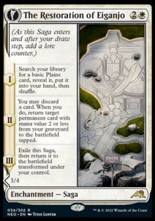 The Restoration of Eiganjo
Enchantment — Saga
(As this Saga enters and after your draw step, add a lore counter.)
*S1 Search your library for a basic Plains card, reveal it, put it into your hand, then shuffle.
*S2 You may discard a card. When you do, return target permanent card with mana value 2 or less from your graveyard to the battlefield tapped.
*S3 Exile this Saga, then return it to the battlefield transformed under your control.
Architect of Restoration
 